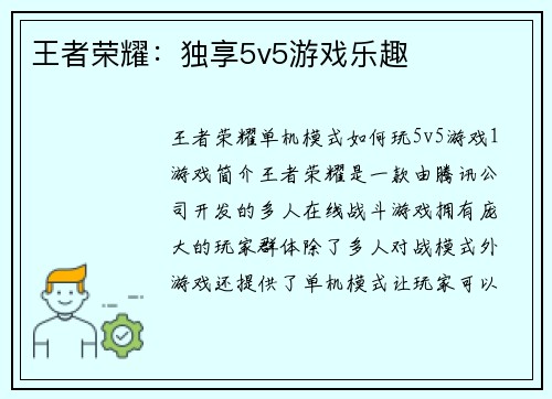 王者荣耀：独享5v5游戏乐趣